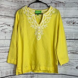 Pappagallo Top Womens Sz Small Tunic embroidered Beaded linen Boho Beach Resort